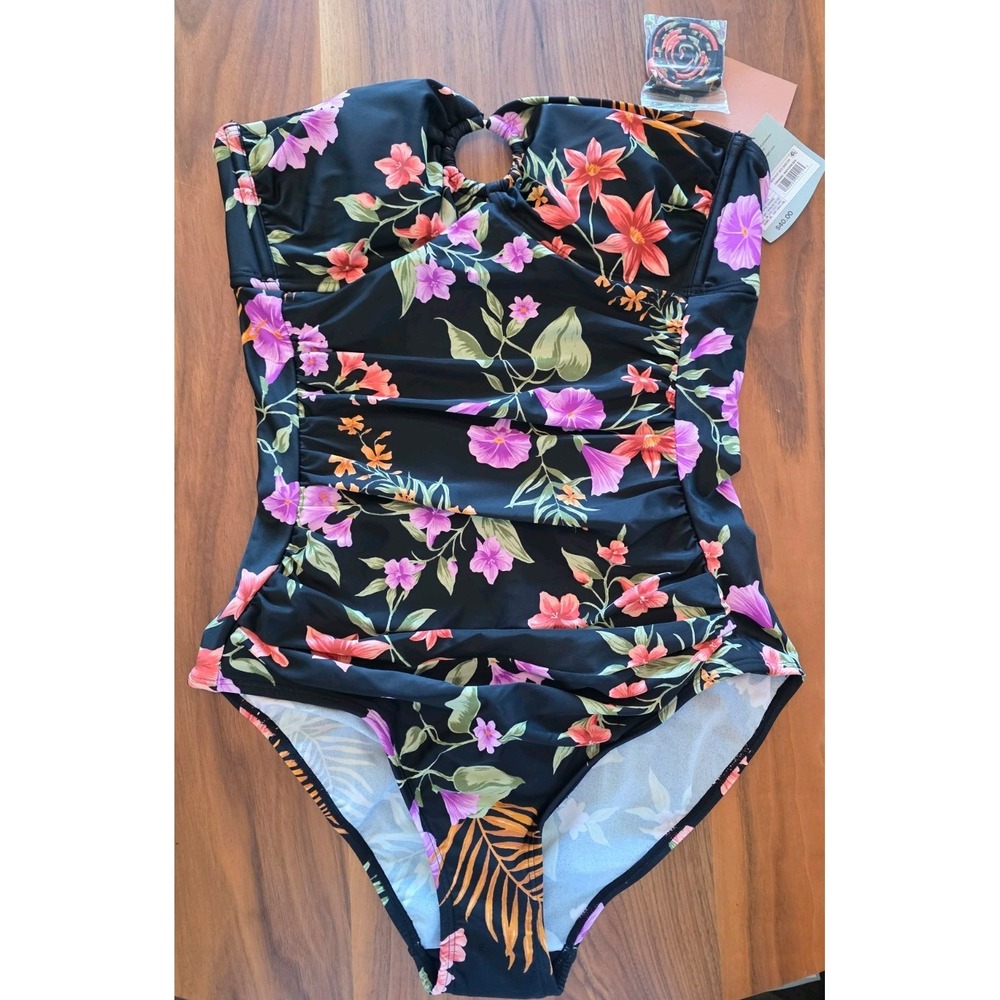 Shade & Shore Size M Swimsuit Center Ring Tummy Control Floral Black (248)